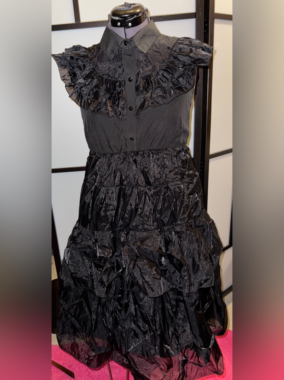 Wednesday Addams Style Black Ruffle Tiered Midi Dress - Women